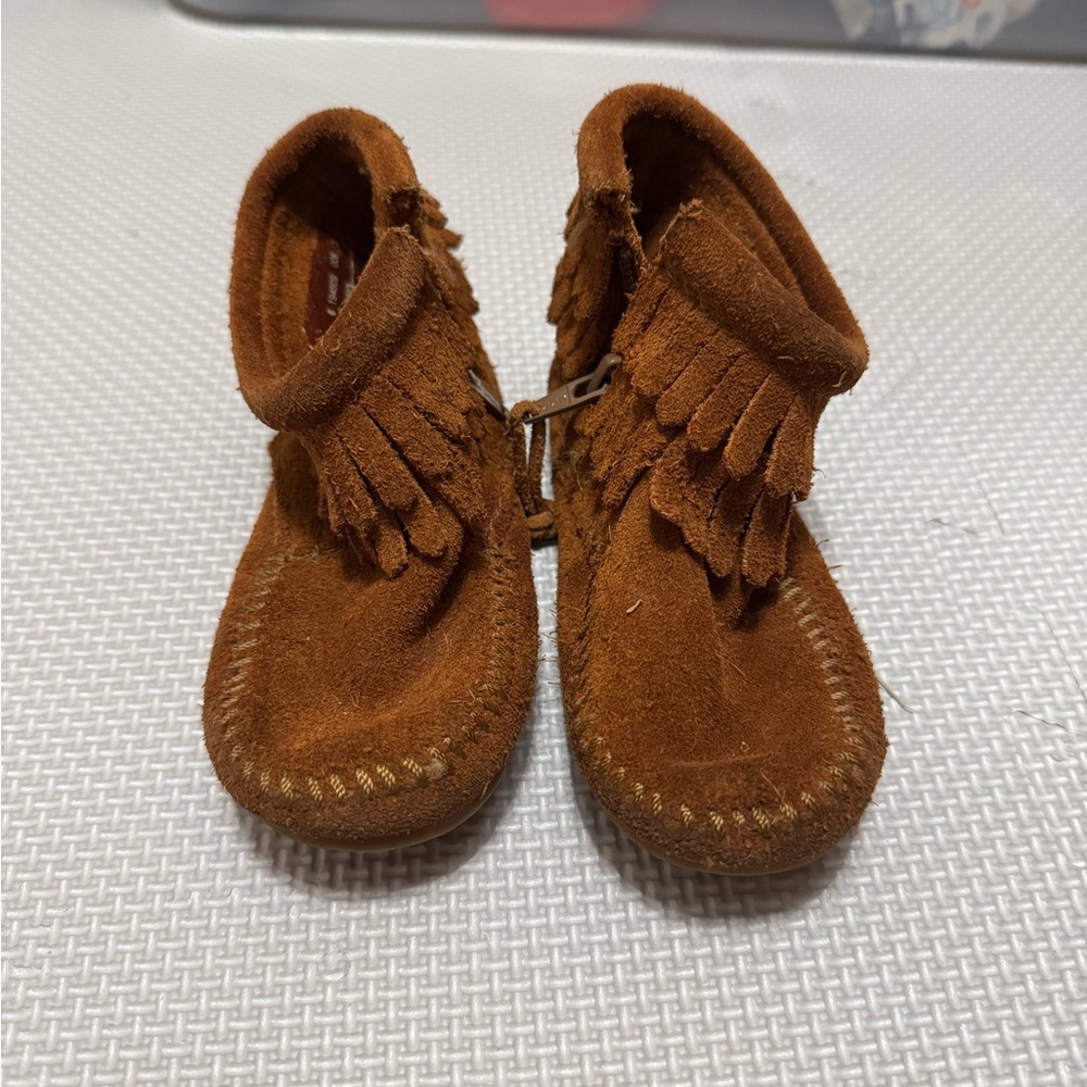 Minnetonka Tan Kids Moccasins with Fringe